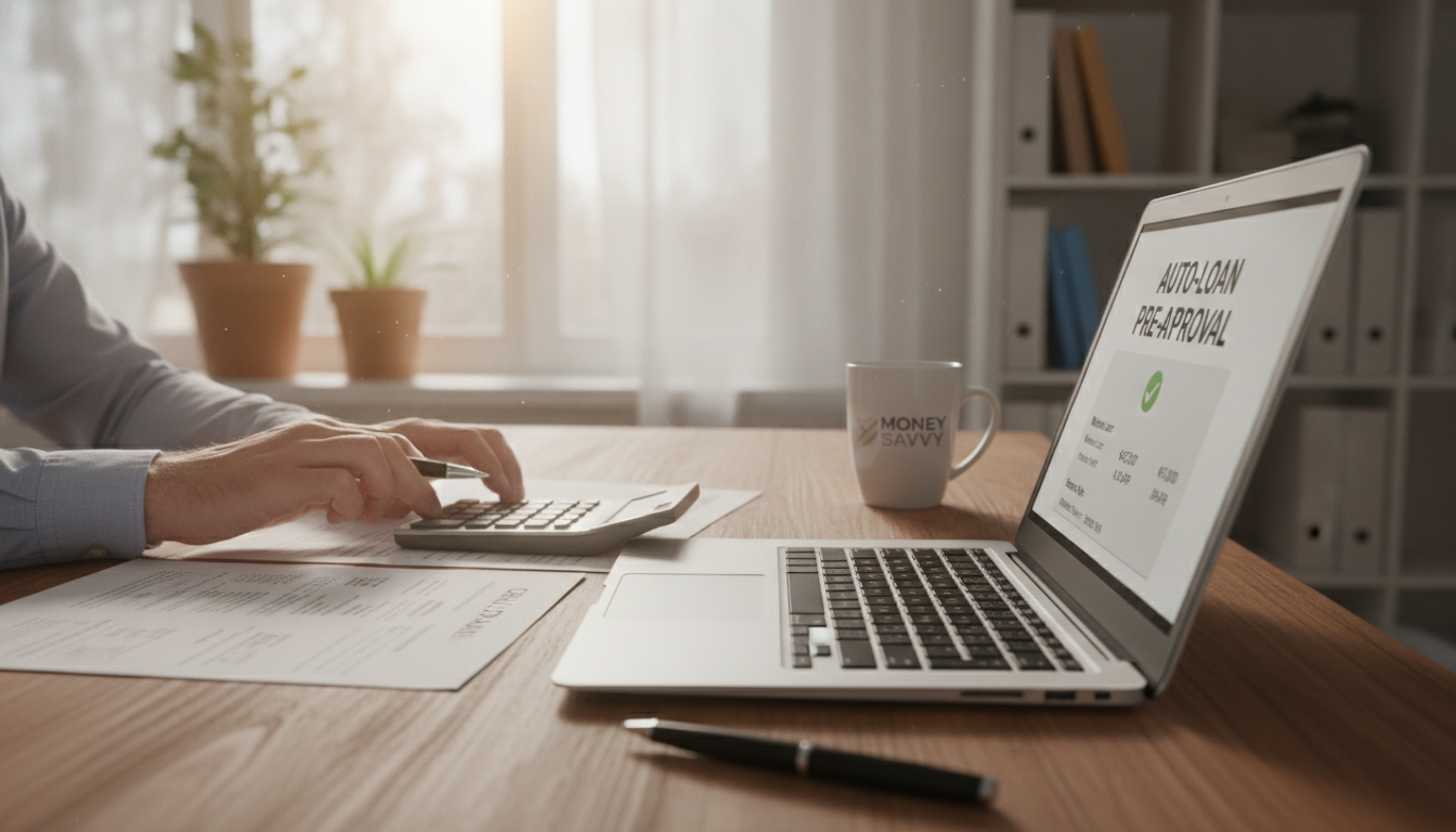 Person calculating a used-car budget with a loan agreement and laptop