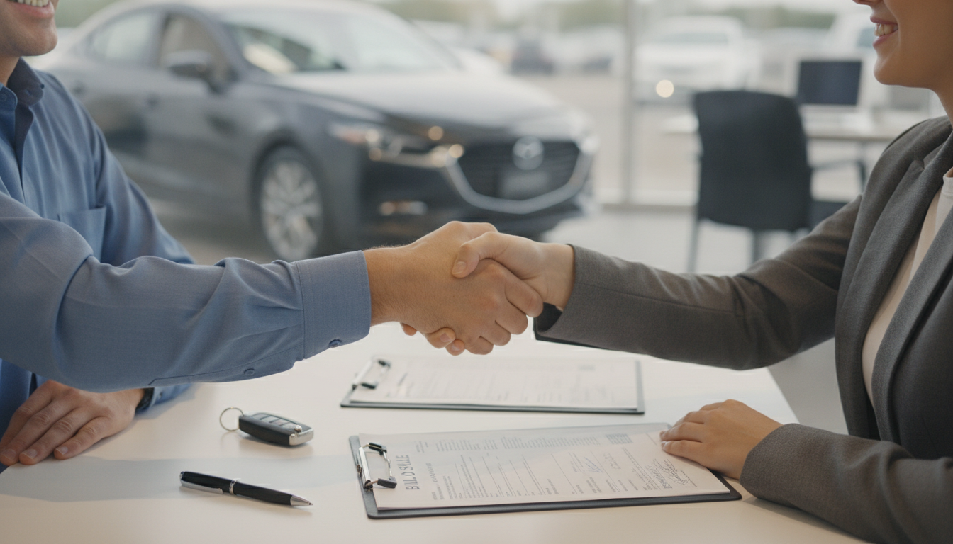 Buyer and seller shaking hands over signed used-car paperwork
