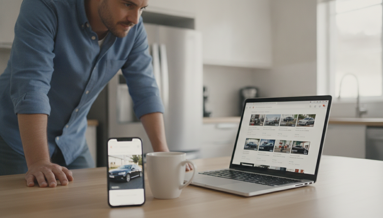 Buyer comparing used-car listings on a laptop at home