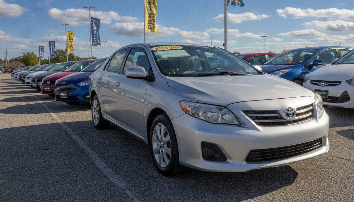 Affordable used compact cars lined up on a sunny dealership lot