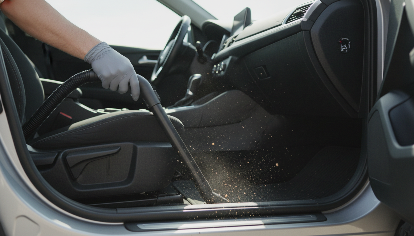 Vacuuming the carpet and seats of a used car interior