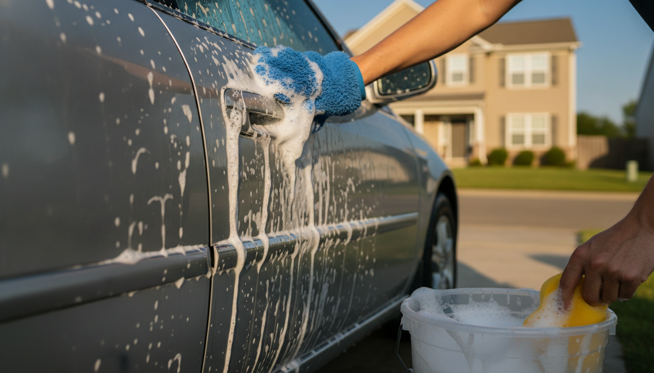 Washing the exterior of a used car with soap and a wash mitt