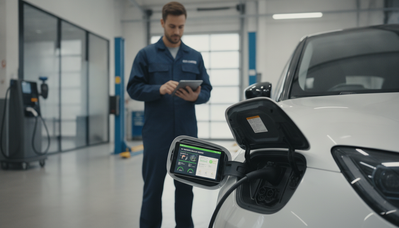 Technician checking a used EV's battery health on a tablet