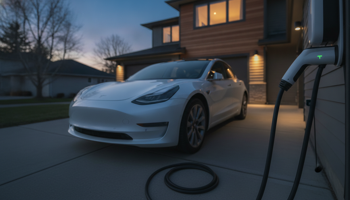 Used EV charging on a home Level 2 charger at dusk