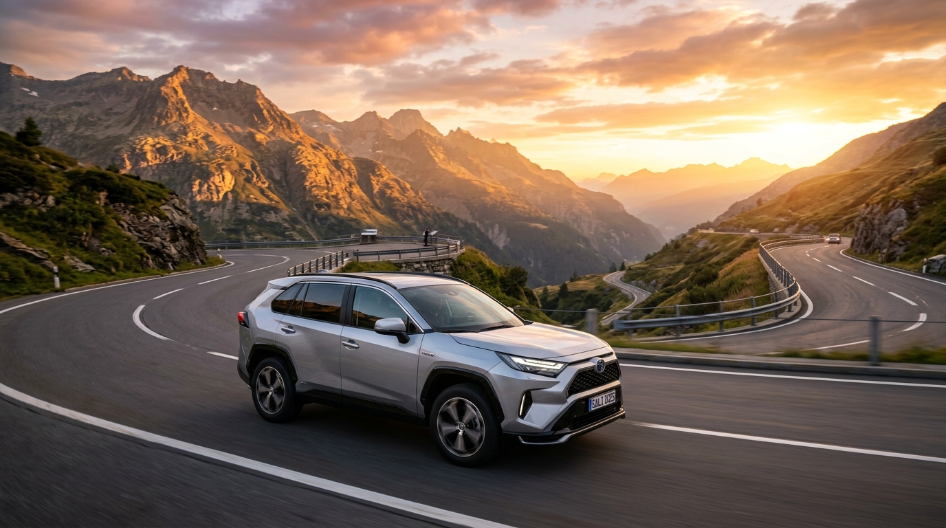 2025 Toyota RAV4 Hybrid on mountain highway at sunset