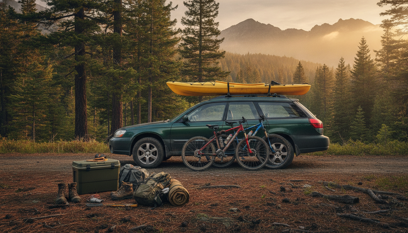 Used Subaru Outback at a forest trailhead loaded with outdoor gear