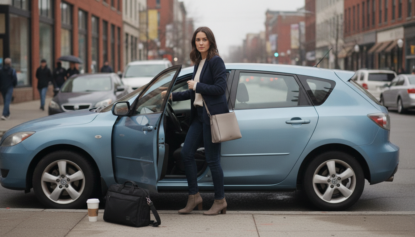 Young professional getting into a compact used car on a city street