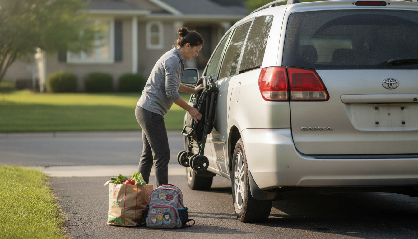 Parent loading a stroller into a used minivan in a suburban driveway