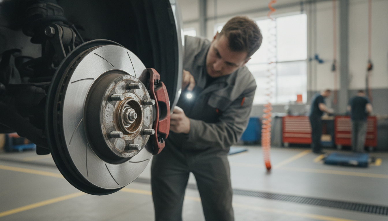 Mechanic inspecting the brakes on a used car