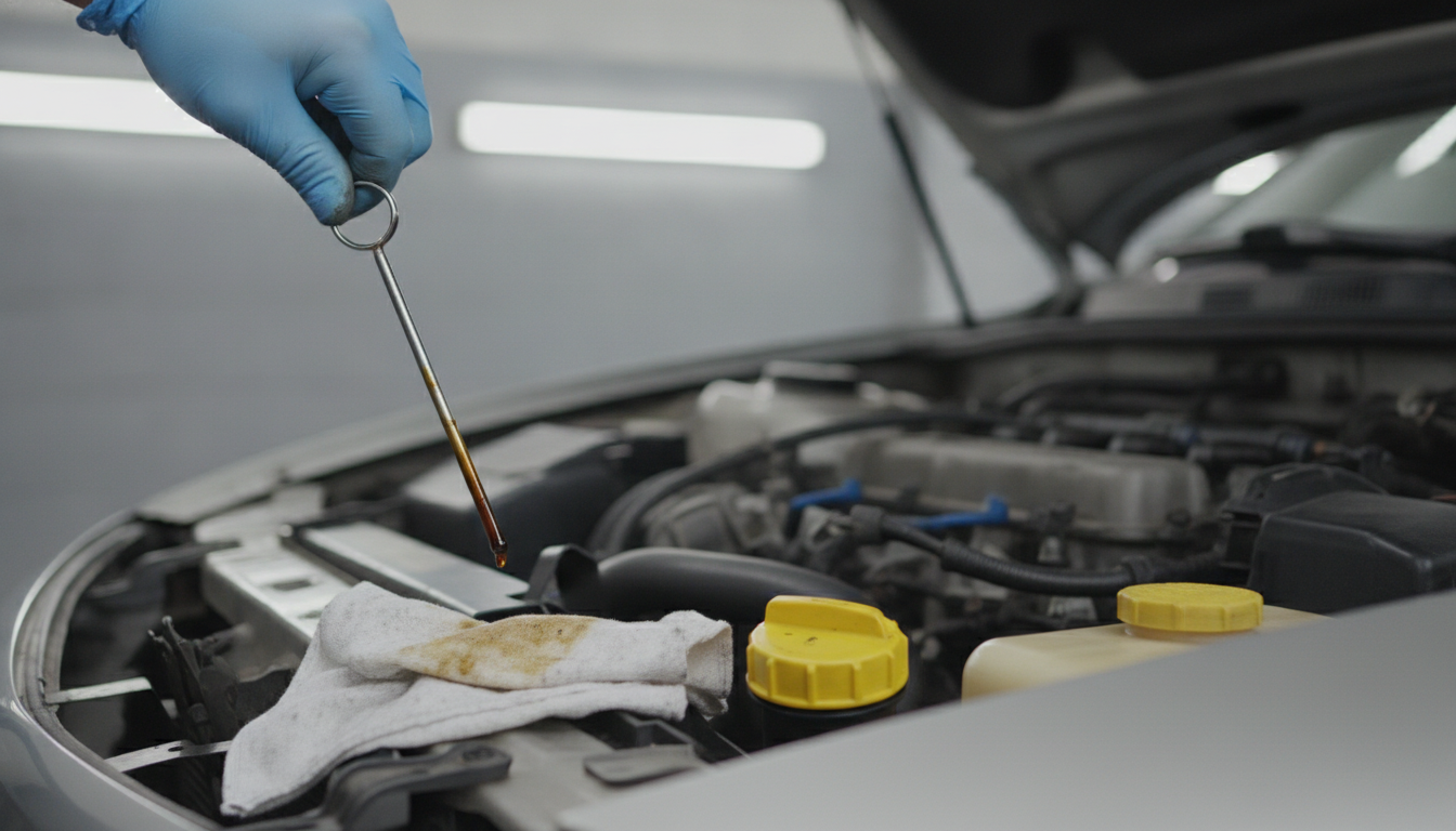 Checking the engine oil dipstick on a used car