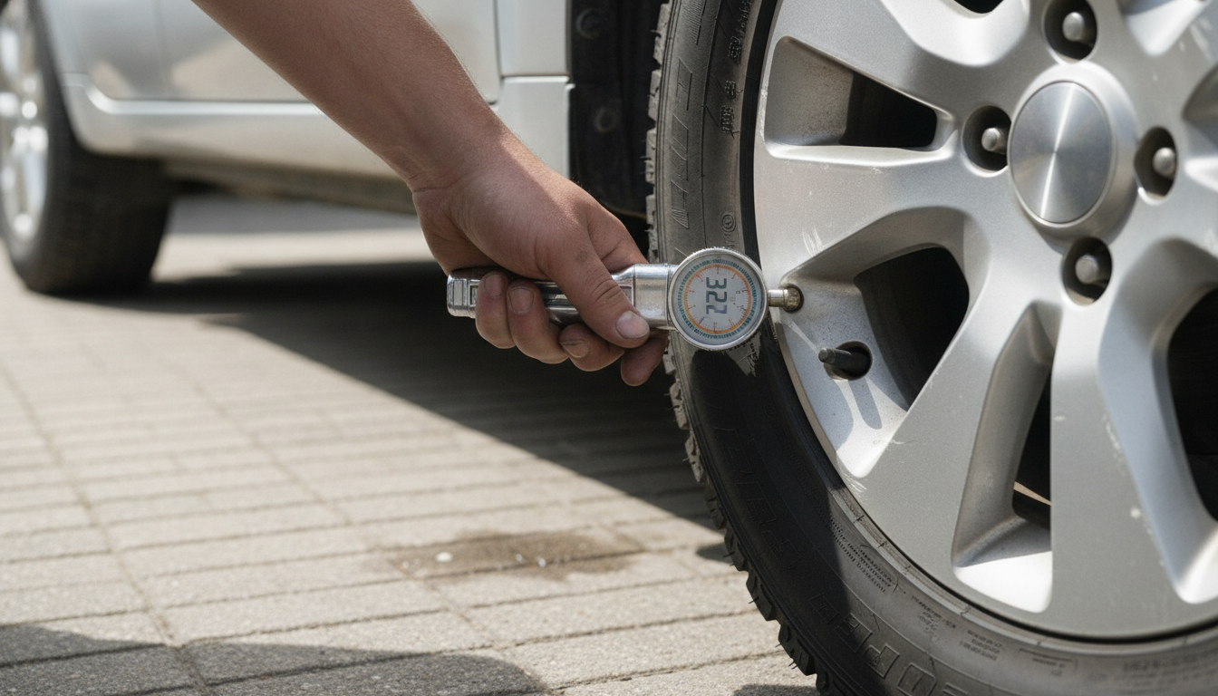 Checking tire pressure on a used car in a driveway