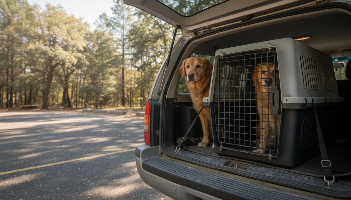 Dog in a secured travel crate in the cargo area of an SUV at a rest stop