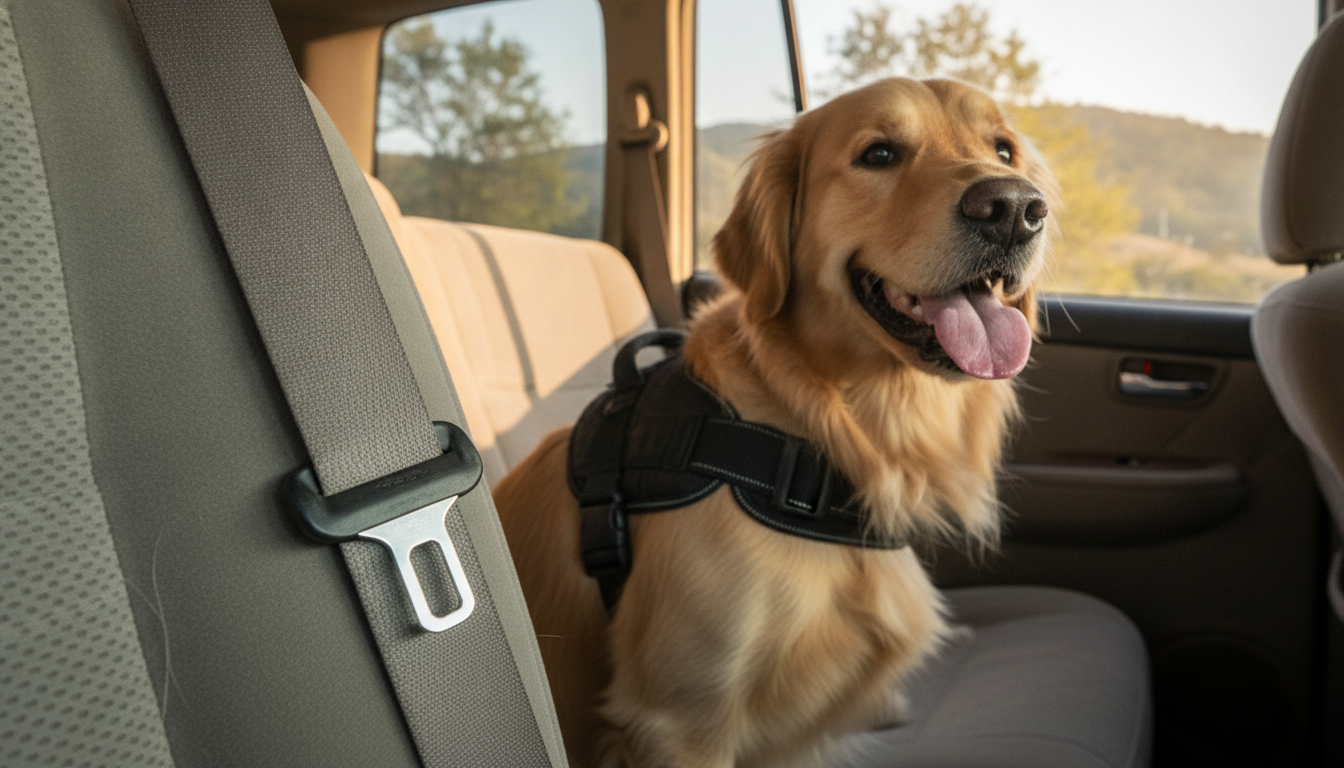 Dog secured with a safety harness clipped to the seatbelt in a car