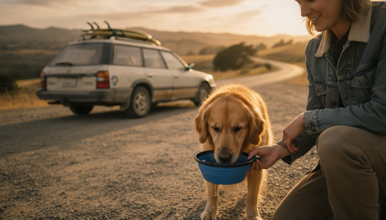 Owner giving a dog water from a bowl at a roadside stop