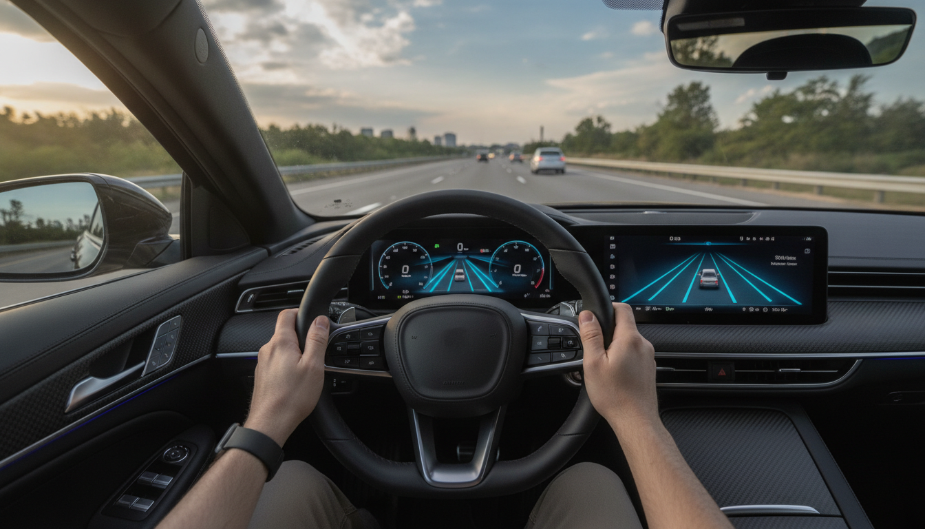 Driver using hands-free highway assist with lane-centering on the dashboard