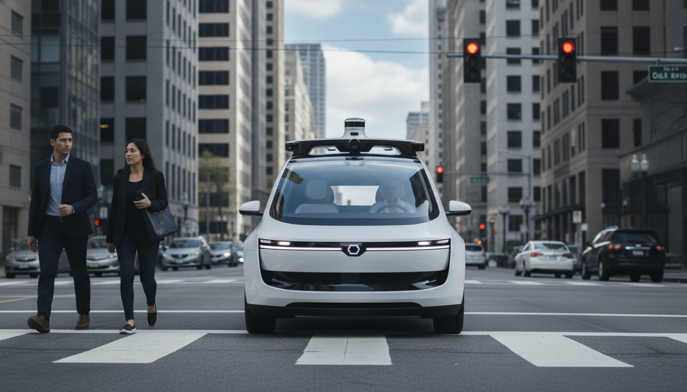 Driverless robotaxi with rooftop sensors navigating a city street