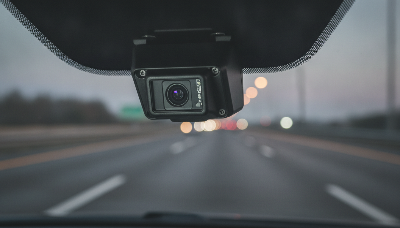 Close-up of a car's forward driver-assist camera and radar sensors