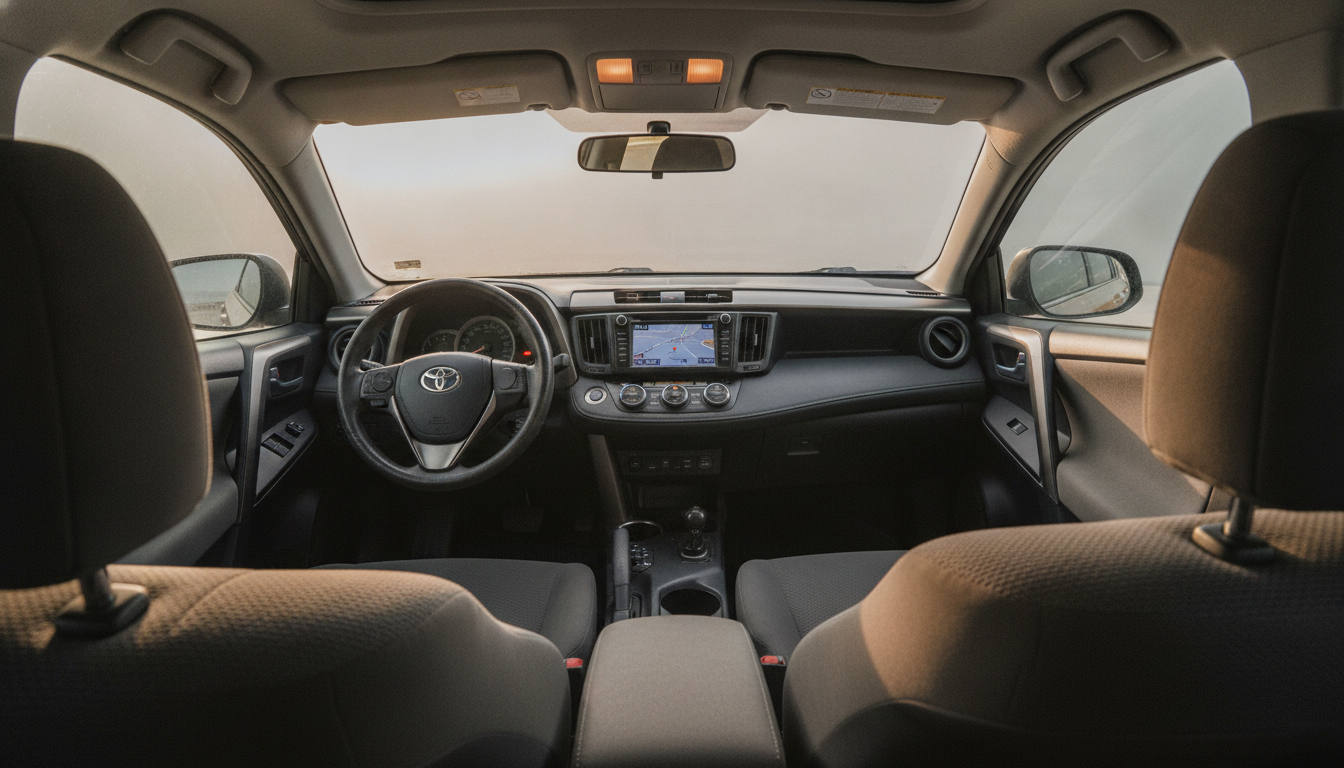 Wide view of a clean used car cabin and dashboard layout