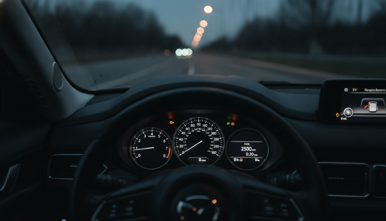 Glowing instrument cluster of a used car at dusk