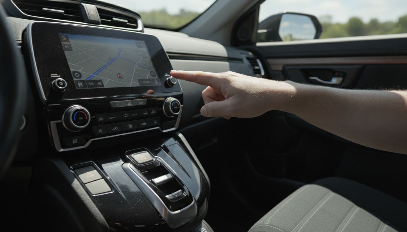 Hand testing the touchscreen infotainment of a used car