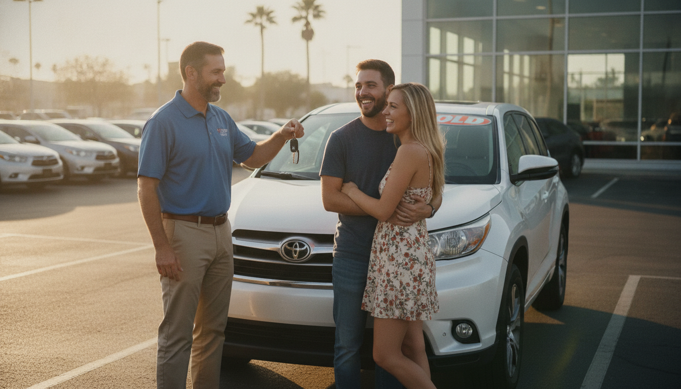 Salesperson handing keys to a happy couple in front of a used SUV at a dealership
