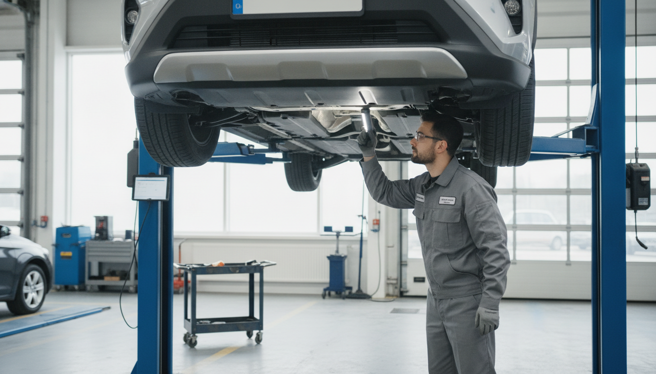 Mechanic inspecting the undercarriage of a used SUV on a hydraulic lift