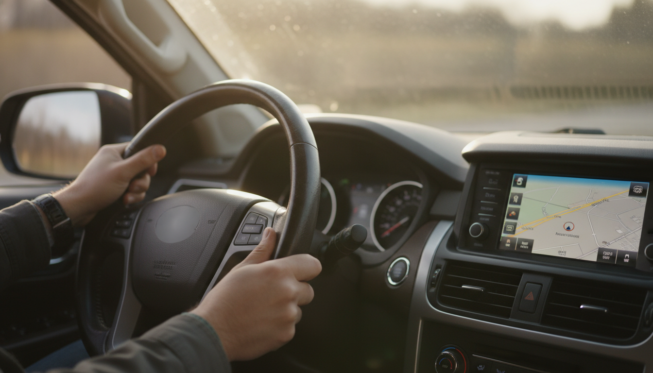 Driver's hands on the wheel of a used SUV during a test drive
